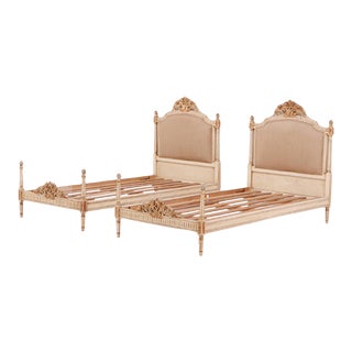 Painted, Carved and Gilt Louis XVI Style Twin Size Beds Circa 1950. For Sale