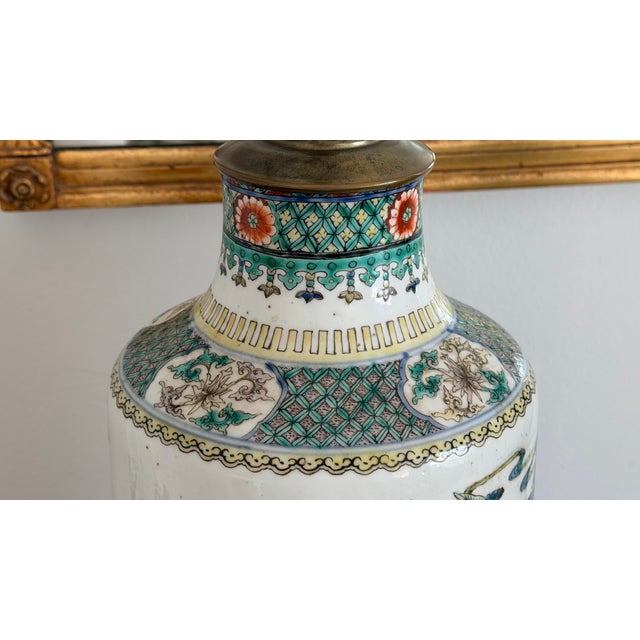 Monumental Late 19th Century Chinese Famille Verte Porcelain Rouleau Vases Set as Lamps Pair For Sale - Image 9 of 12