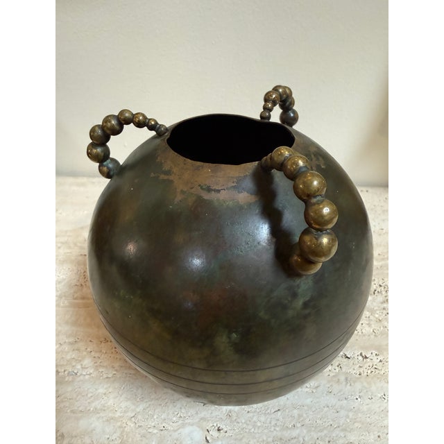 Sculptural Italian Patinated Brass Vase With Beaded Handles, 1970s For Sale - Image 4 of 7