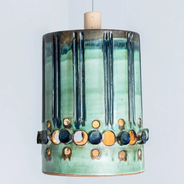 Cylinder Green Turquoise Ceramic Pendant Light, Denmark, 1970 For Sale - Image 9 of 13