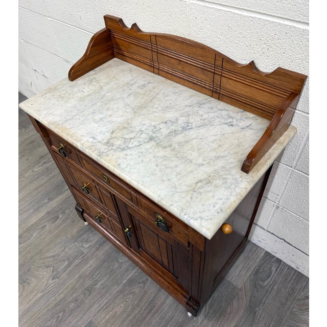 Brown Antique Victorian Eastlake Style Walnut Marble Top Cabinet Commode Washstand For Sale - Image 8 of 12