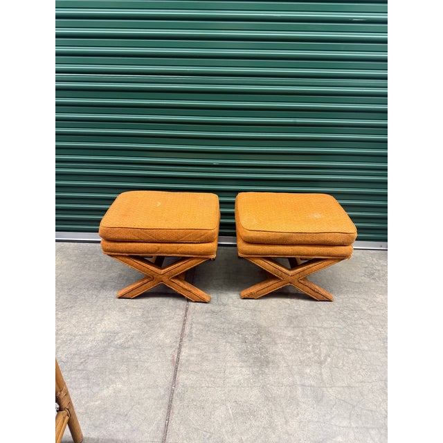Mid-Century Modern Pair of 1970s Billy Baldwin Style X-Base Ottomans in Original Orange Herringbone Upholstery For Sale - Image 3 of 9