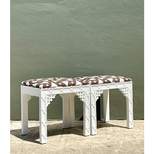 Late 20th Century Vintage White and Brown Fretwork Upholstered Stools - A Pair For Sale - Image 5 of 12
