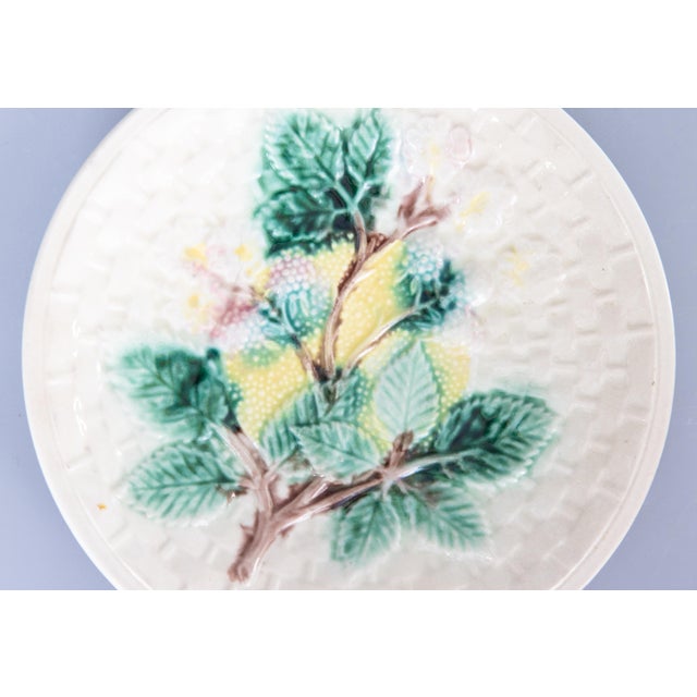 A lovely antique 19th-Century English majolica blackberry vine plate. This charming plate is hand painted with...