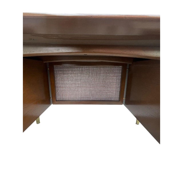 Executive Walnut Desk With Brass & Cane Details. Denmark, 1960's. For Sale - Image 4 of 6