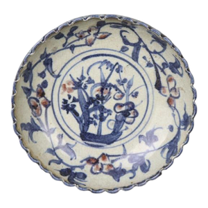 Chinese Vintage Ceramic Plate,Blue and White Underglaze Red Porcelain Plate Hand Painted Pine Bamboo Pattern