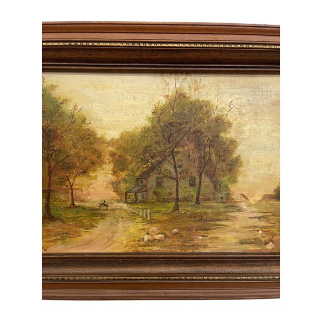 Vintage Framed Rural Landscape Painting on Canvas Board, Signed g.e.k. For Sale In Seattle - Image 6 of 10