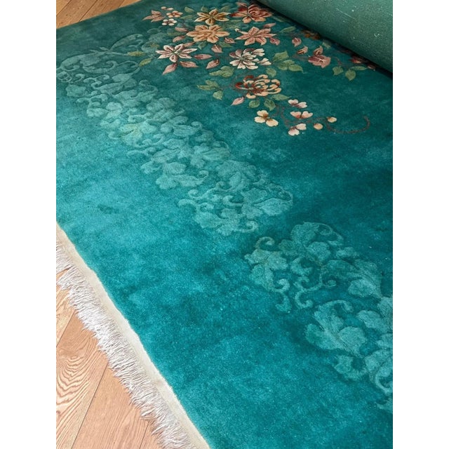Textile Emerald Green Rug with Cascades of Flowers and Ton Sur Ton Decoration, 1930s For Sale - Image 7 of 8