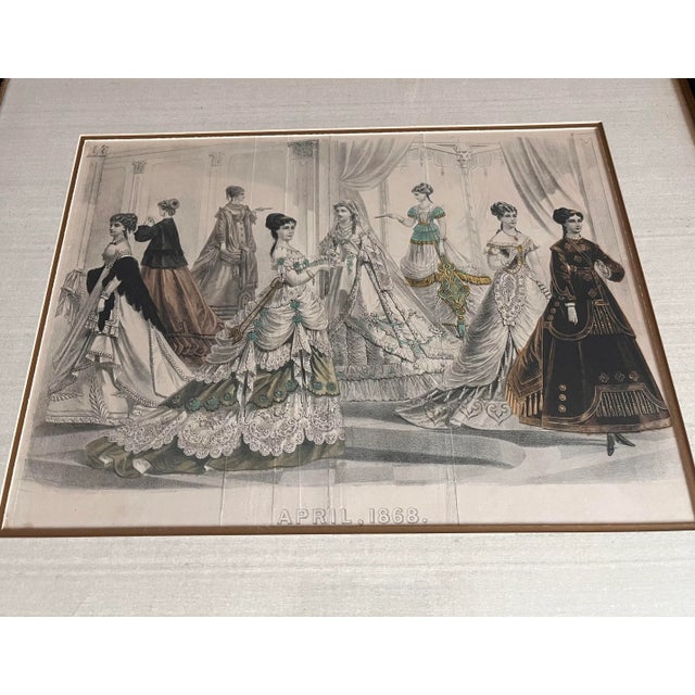 Late 19th Century Antique 19th Century Fashion Hand Colored Fashion Magazine Advertisements - Framed Pair For Sale - Image 5 of 9