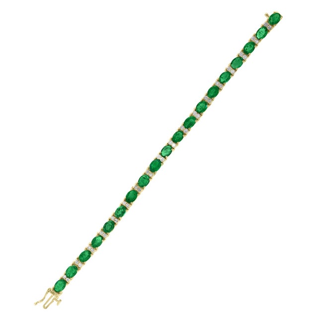 15 Carat Natural Emerald & Diamond Cocktail Tennis Bracelet 14 Karat Yellow Gold For Sale - Image 18 of 18