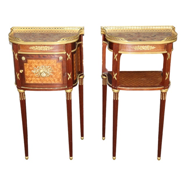 Pair of French Bronze and Marble Top Night Stands Attributed to François Linke For Sale