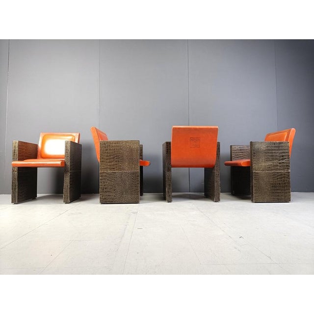 Orange Vintage French Leather Armchairs by Maison Vandamme, 1970s, Set of 4 For Sale - Image 8 of 13