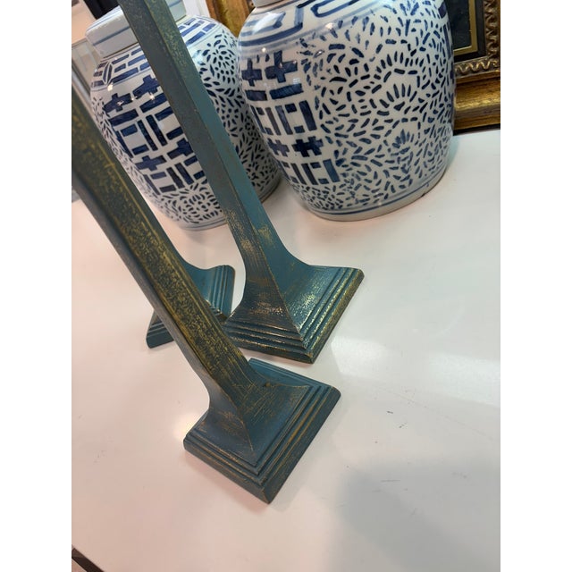 Dusty Blue Patinated Metal Candlesticks With Antiqued Gold Highlight Set of 3 For Sale - Image 10 of 14