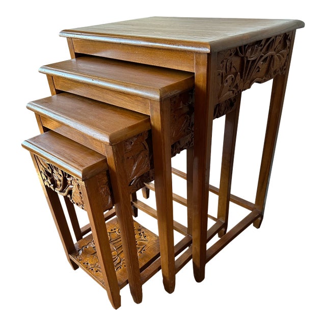 Asian Carved Nesting Side Tables Set of 4 1960s For Sale
