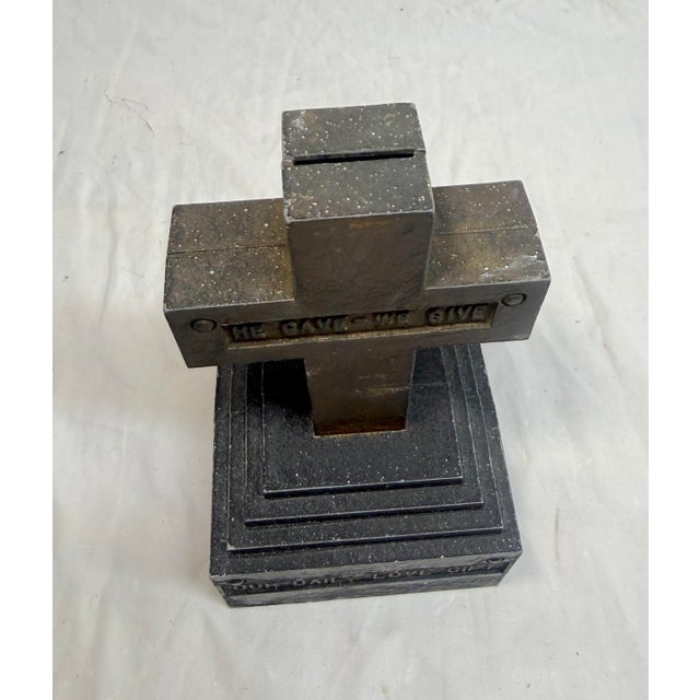 Gold Vintage "Our Daily Love Gift" He Gave We Gave Metal Religious Cross Still Bank For Sale - Image 8 of 10