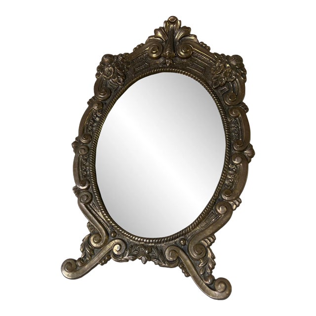 Vintage Ornate Brass Vanity Mirror For Sale