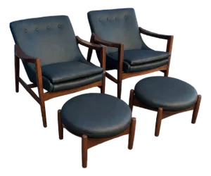Modern Mid Century Black Leather Lounge Chairs With Ottomans