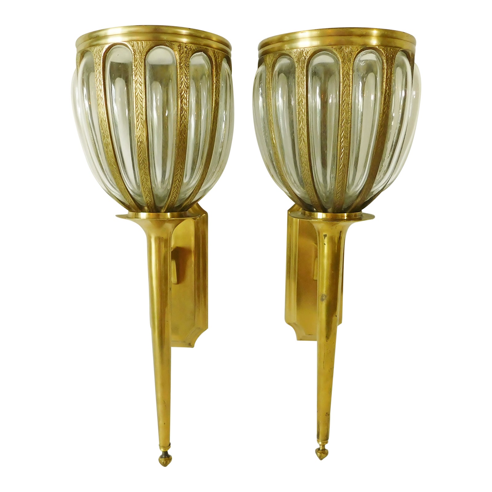 Large Pair Vintage Bombay Company Solid Brass & Hand Blown Glass Candle Holder Wall Sconces