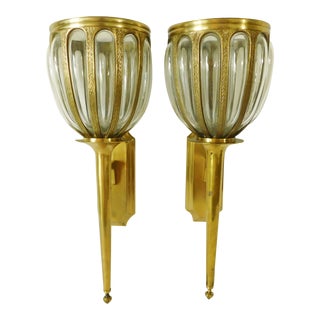 Large Pair Vintage Bombay Company Solid Brass & Hand Blown Glass Candle Holder Wall Sconces For Sale