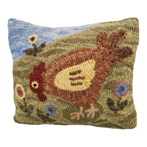 Penny Flower Chicken Pillow - Hand Rug Hooked by Designer - 100% Wool