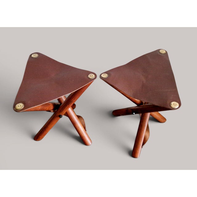 Folding Stools in Teak and Brown Leather, 1970s, Set of 2 For Sale - Image 11 of 18