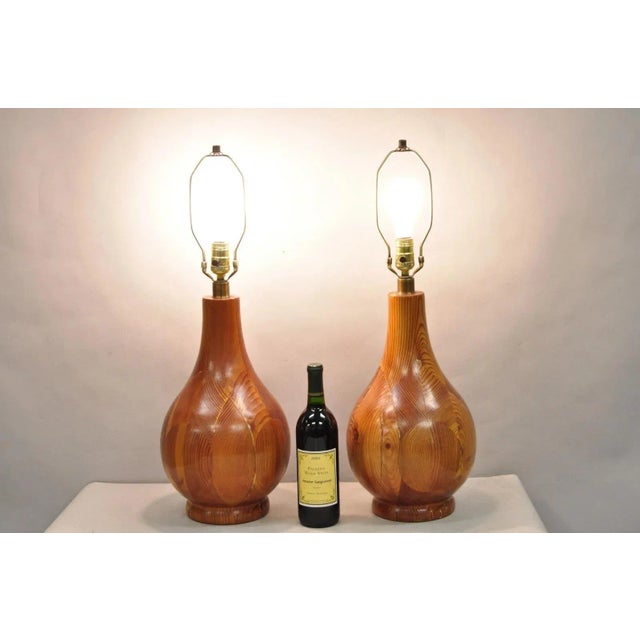 Vintage Mid Century Modern Bulbous Carved & Sculpted Solid Pine Wood Geometric Wedge Inlay Design Table Lamps - a Pair....
