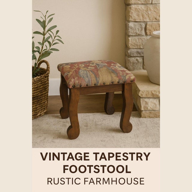 1940s Tapestry Footstool Jacobean Revival Wood Oak Ottoman Brass Tacks Dark Academia For Sale - Image 4 of 6