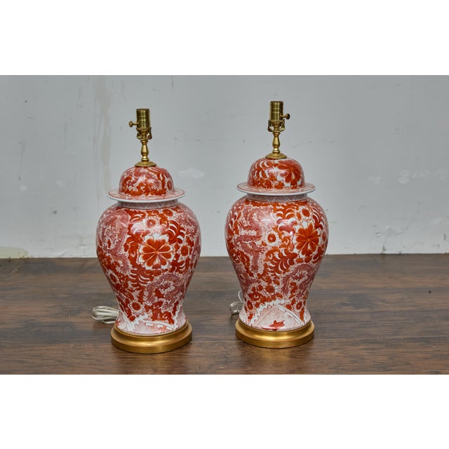 Pair of Red and White Porcelain Dragon Temple Jar Table Lamps For Sale In Atlanta - Image 6 of 12