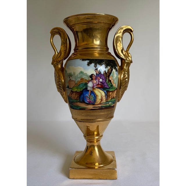 Mid 19th Century 19th Century French Old Paris Gilt Porcelain Swan-Handle Urn Vases – Pair For Sale - Image 5 of 16