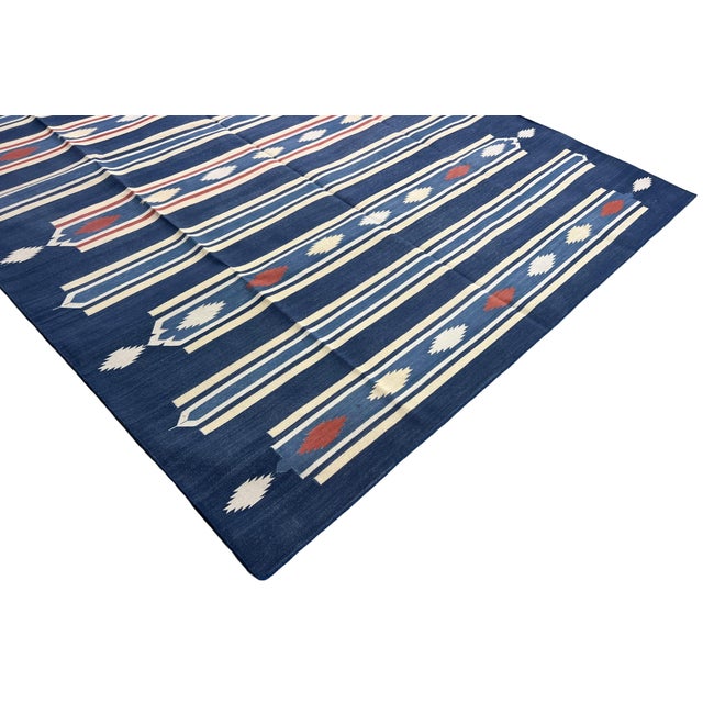 Casa Cosima Handmade Cotton Area Rug, Vegetable Dyed, Indigo Blue, Cream and Terracotta Striped Dhurrie -6'x9' For Sale - Image 4 of 13