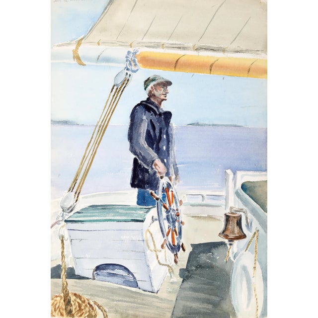 Wearing a blue double-breasted coat and green cap over his white hair, the fisherman steers his schooner lightly with his...