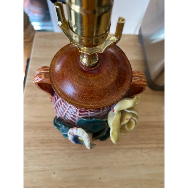 Vintage Barbotine Table Lamp With Wicker Shade For Sale - Image 12 of 12