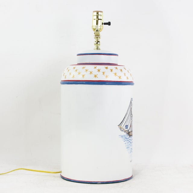 White Vintage Hand-Painted u.s. Frigate Hornet Patriotic Tole Table Lamps - a Pair For Sale - Image 8 of 12