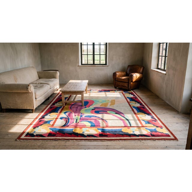 1920s Ivory Abstract Floral Antique Chinese Art Deco Rug 9' X 11'6" Handknotted Wool Carpet For Sale - Image 13 of 13