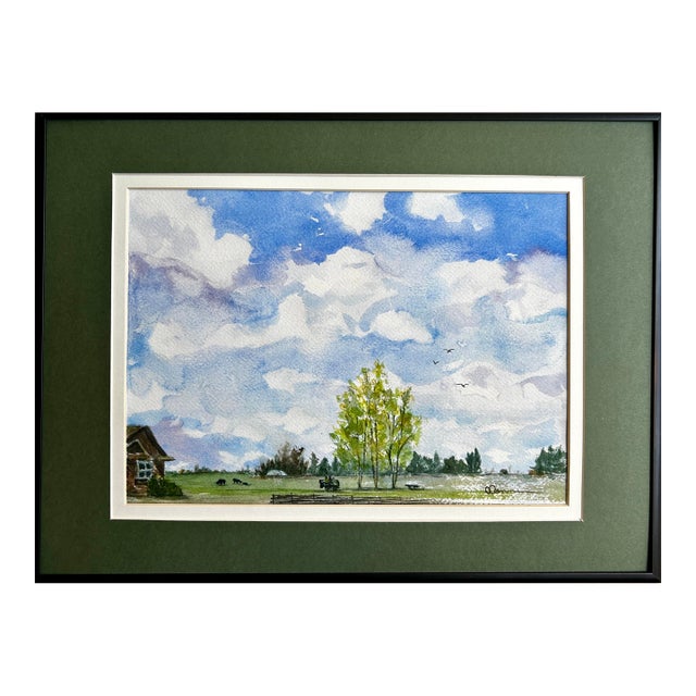 Framed Original Watercolor Painting Idaho Mowing Day For Sale