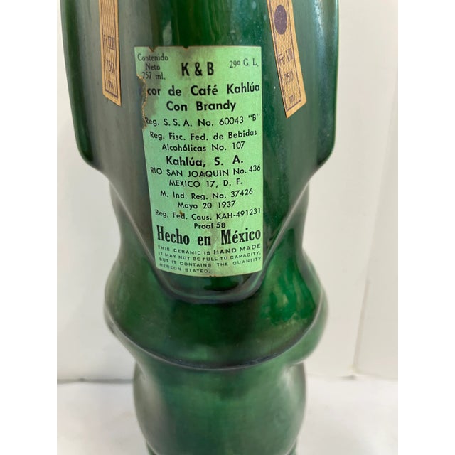 Vintage Kahlua Handmade Jade Green Tiki Aztec K&b Glazed Ceramic Decanter Mexico For Sale - Image 4 of 10