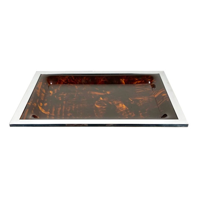 Acrylic Tortoiseshell & Chrome Serving Tray, Italy, 1970s For Sale