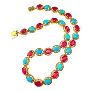 Bochic "Capri" Natural Ruby, Turquoise & Diamond Necklace & Earrings Set 18K Gold For Sale