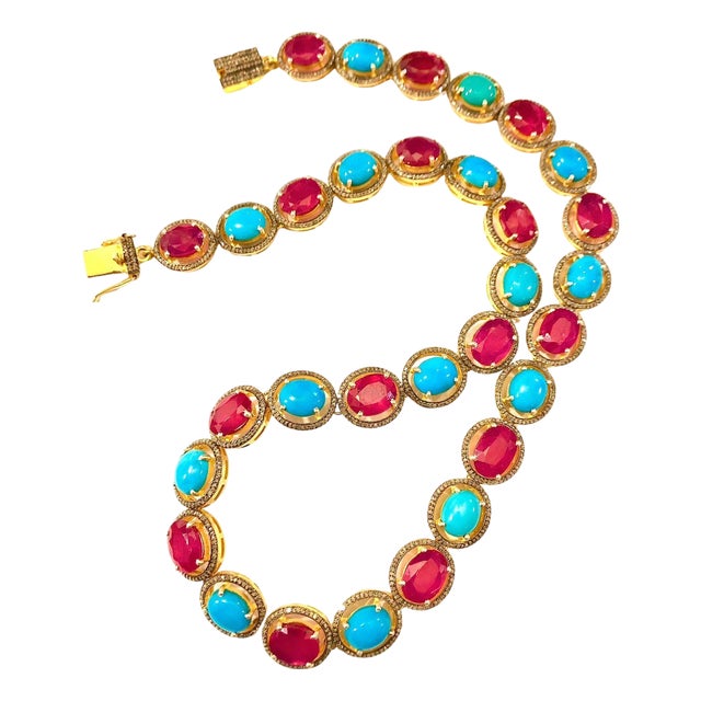 Bochic "Capri" Natural Ruby, Turquoise & Diamond Necklace & Earrings Set 18K Gold For Sale