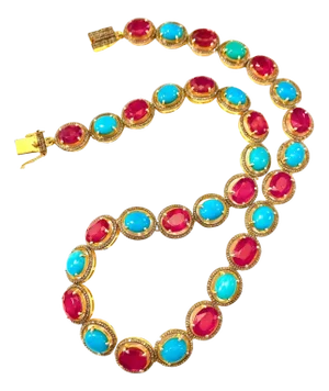 Bochic "Capri" Natural Ruby, Turquoise & Diamond Necklace & Earrings Set 18K Gold