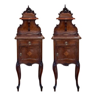 Antique French Walnut Night Stands with marble top and crest, 1900, A Pair For Sale
