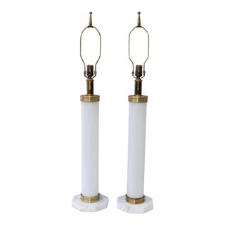 1960's Italian Glass and Brass with Marble Base Table Lamps - A Pair For Sale