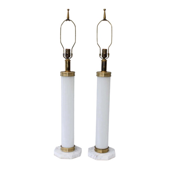1960's Italian Glass and Brass with Marble Base Table Lamps - A Pair For Sale