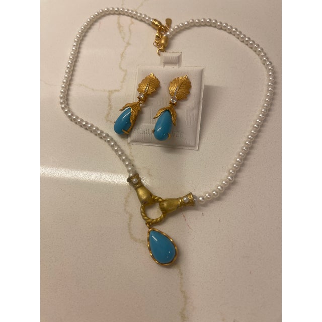 Gold Leaf /Turq Drop Earings Set With Matching Seed Pearl Necklace, 3 Pieces For Sale - Image 4 of 4