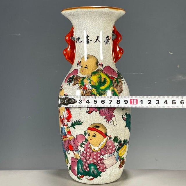 Vintage Chinese Crackle Glaze Famille Rose "Boys Playing" Vase With Red Handles For Sale In Los Angeles - Image 6 of 9