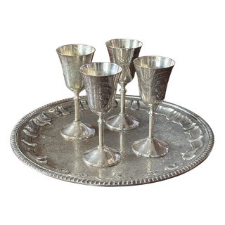 Silver-Plated Drinks Gallery Tray with Goblets, Set of 5 For Sale