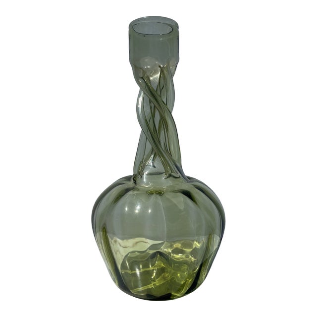 Vintage Signed Hand Made Glass Wrap-Around Vined Stem Gourd Pumpkin Vase For Sale