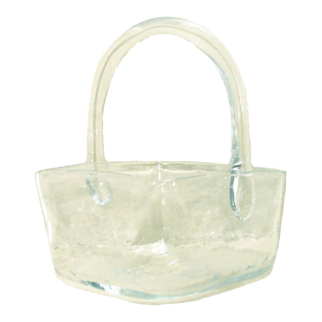 1970s Blenko Handblown Clear Glass Square Basket W/ Handle For Sale