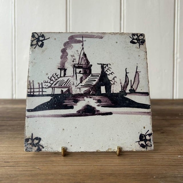 Antique Delft Manganese Purple Tile with Hand Painted Church Scene Decoration, 1700s For Sale - Image 4 of 4