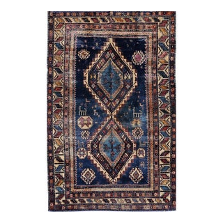19th Century Caucasian Kazak Area Rug, Hand-Knotted Wool, Blue & Ivory, 4' x 6' For Sale